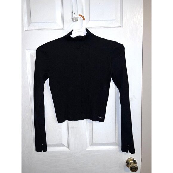CALVIN KLEIN Women's Black Cropped Sweater Long Sleeve Pullover Ribbed - Picture 1 of 10